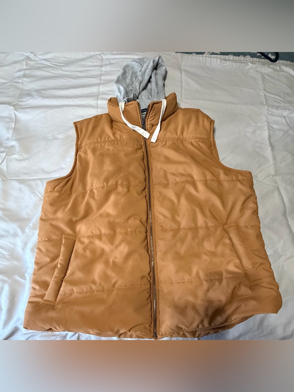 George Men's Tan Puffer Vest with Gray Hood